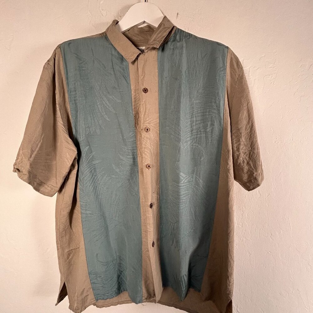 Vintage Silk Mens Large Short-Sleeve Button-Up Shirt Leaf Pattern Beige/Blue